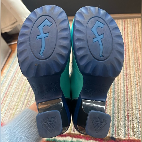 Fluevog LIKE NEW KKBB Liz turquoise/navy double strap MJ heel - 8.5 (fits 8) - Picture 15 of 16